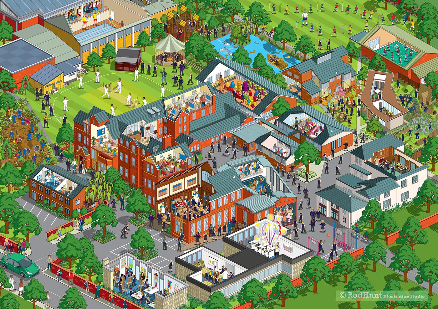 Cheltenham Prep School Campus Map 3D Birds Eye View Illustration with cutaway cross section building elements by Rod Hunt