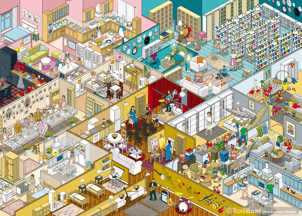 Urban apartment building cutaway with Home Interiors and furniture Illustrated for IKEA Brand Advertising Campaign 