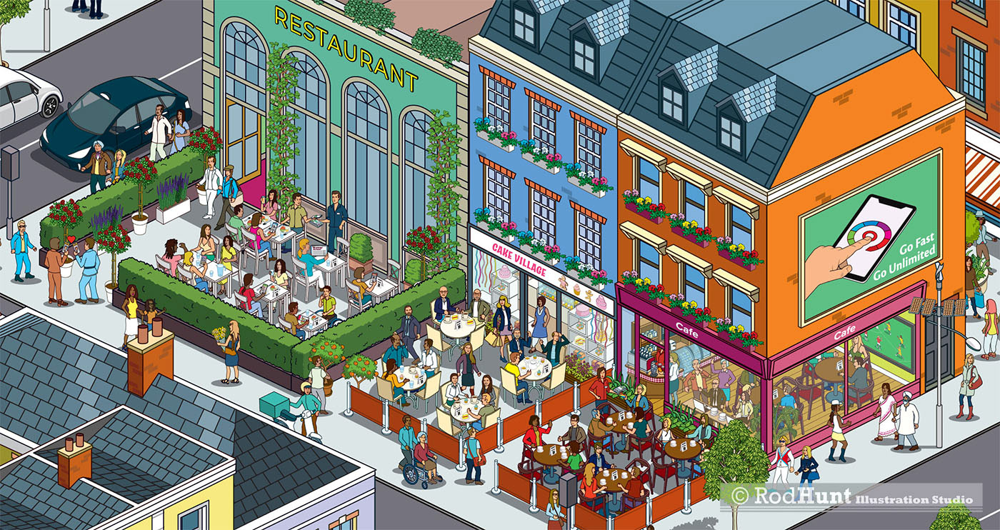 Data centres in Leisure - Animated isometric illustration by Rod Hunt for Segro