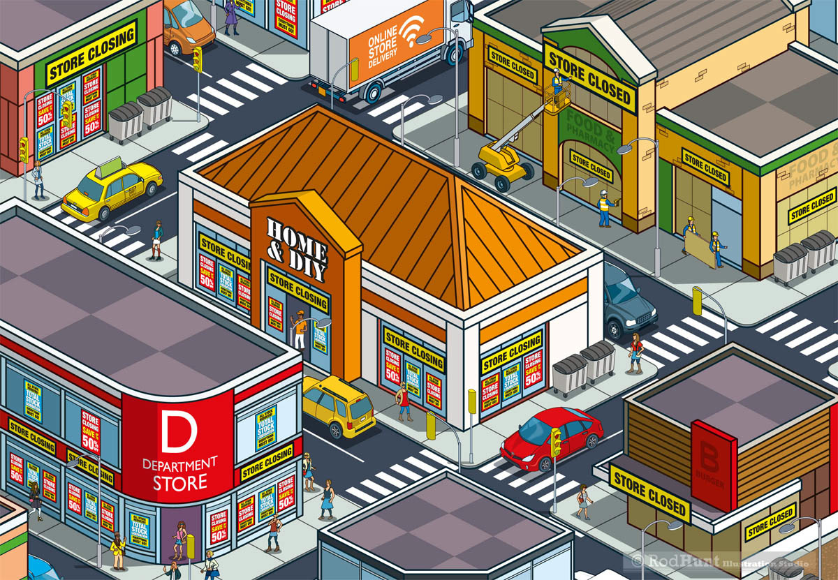 Pixel Art Cityscapes featuring retail stores for Harvard Business Review