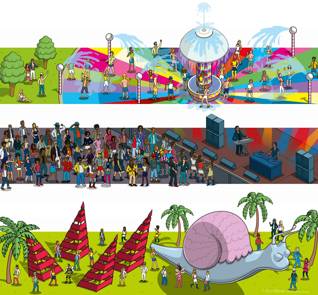 Rod Hunt / Illustration Portfolios - Detailed Isometric Illustrations and  Map Illustration - Music Lovers Unite - Music Festival Illustration