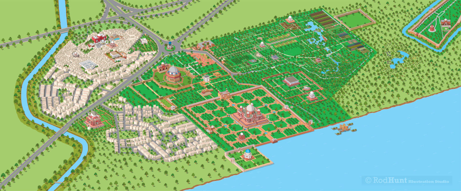 Museum exhibit design, a Mural Art display installation for a gallery exhibition - Detailed illustrated map of the Humayun's Tomb World Heritage Site, Nizamuddin Basti and the Sunder Nursery installed in the vestibule gallery of for the new Humayun's Tomb World Heritage Site Museum in New Delhi. Site Guide Map illustration by Rod Hunt using axonometric perspective cartography illustration