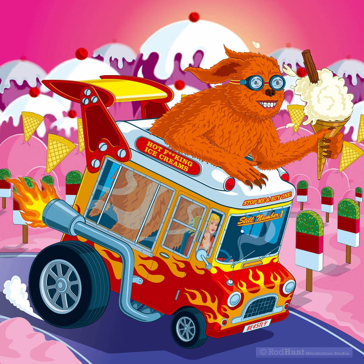 Hot F**king Ice Creams, Hot Rods & Hairy Beasts - Retro Hot Rod Poster Illustration