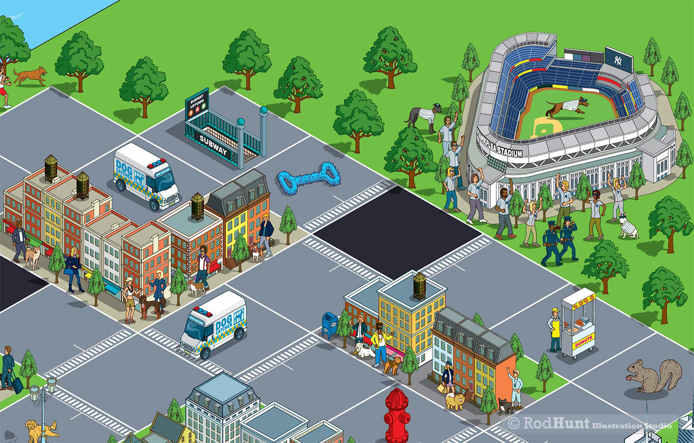 New York board game illustration using Isometric perspective, designed by Rod Hunt