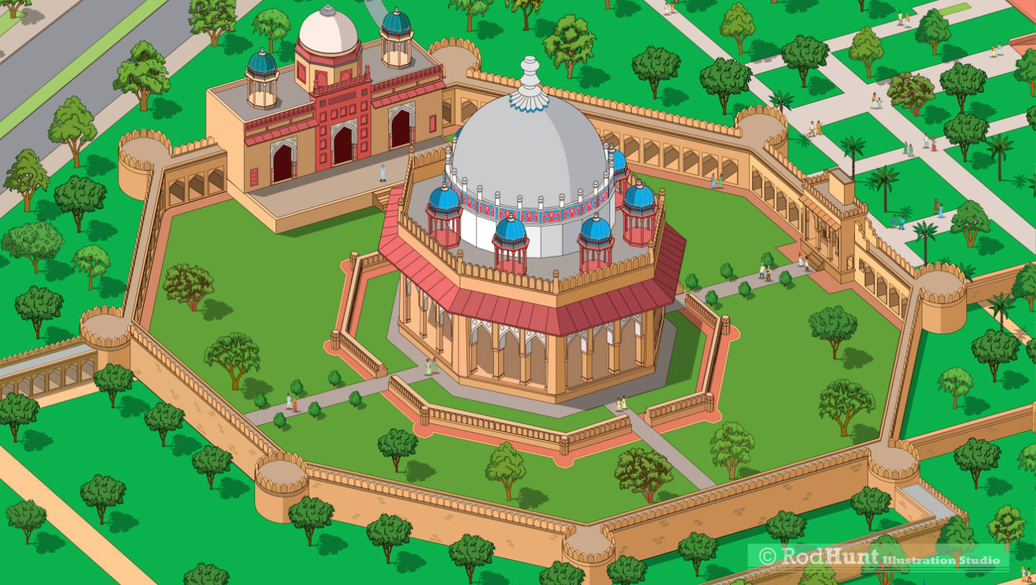 Museum exhibition graphic design for a permanent mural display exhibit, a detail of Isa Khan Garden Mausoleum illustration