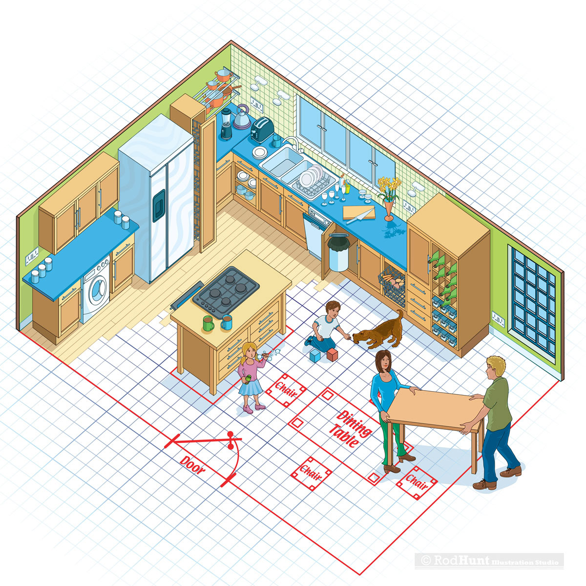 Planning Your Perfect Kitchen - Isometric Cutaway Editorial Illustration, Delicious Magazine - Homes, blueprint, plan, interior design 