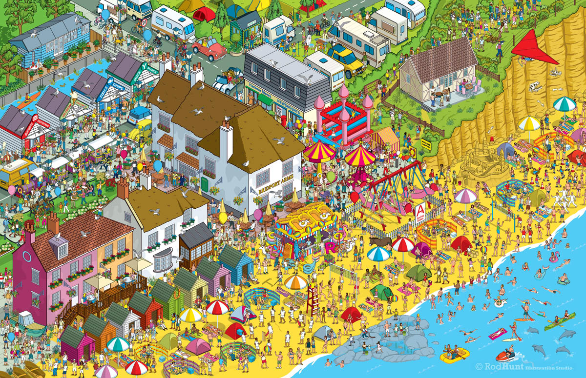Series of Where's Wally/Waldo style search and find illustrations - Isometric illustration Detailed Search and Find Puzzle for Daily Mail competition and marketing promotion 