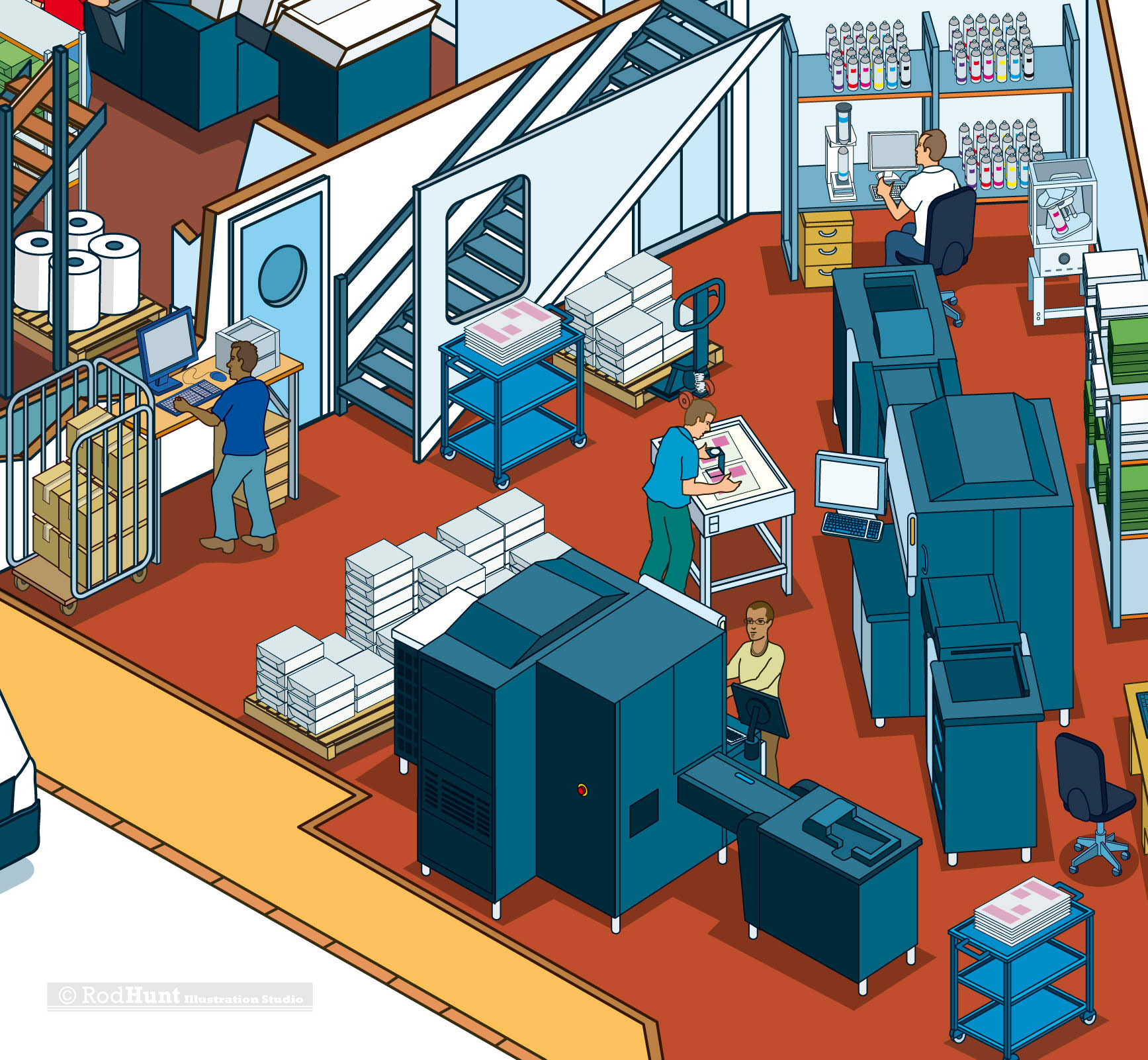 Print Business illustration showcasing the company's facilities and services