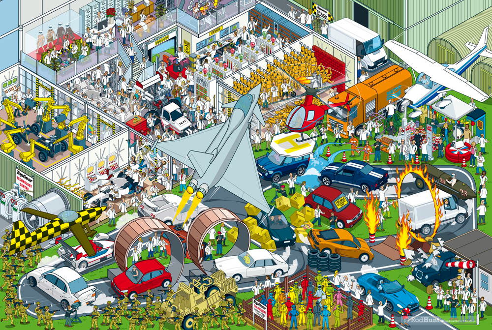 Where's Wally / Waldo style BBC Top Gear Test Track Illustrations - Where's Stig Motorsport Madness 