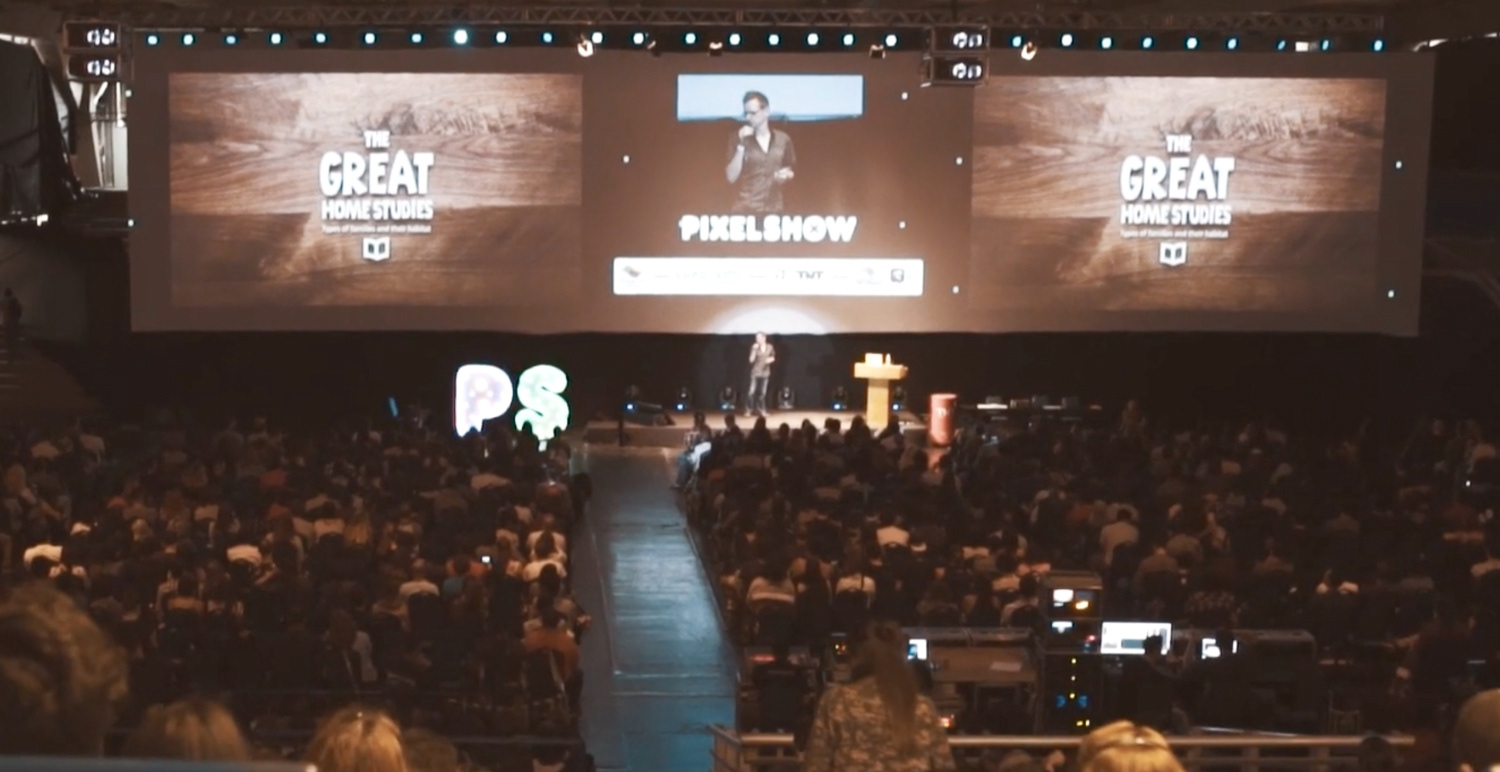 Illustrator Rod Hunt speaks on the main stage at Pixel Show Design Festival in Sao Paulo, Brazil
