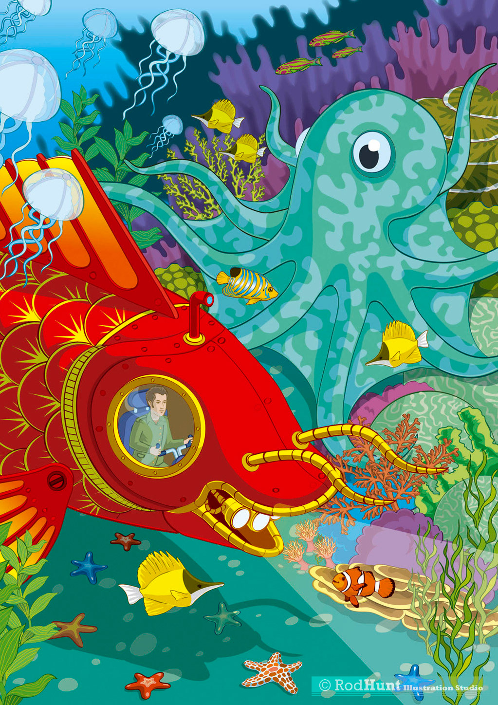Retro Submarine Underwater Illustration  - Detailed sea and marine life illustrations 