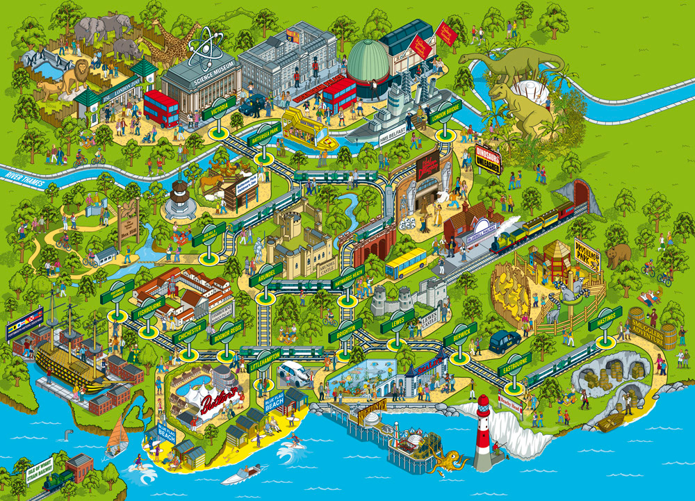 isometric Map illustrator - Tourist attractions map illustration - Visitors attractions, museums, London Zoo, Heritage sites, Buckingham Palace, London Dungeon, Portsmouth Historic Docks, Sea Life Centre, Steam Railway, Science Museum, Madame Tussaud, places to visit on the Southern Railway Network