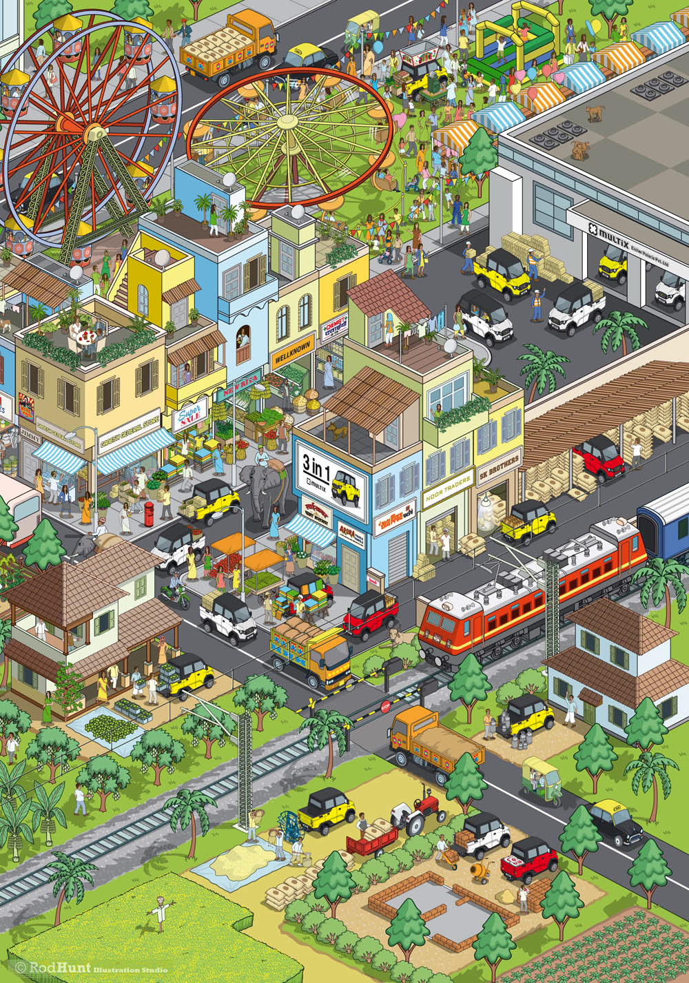 Car advertising illustration - Cityscape illustrations in isometric perspective for a car manufacturer ad campaign using 3D axonometric illustrations