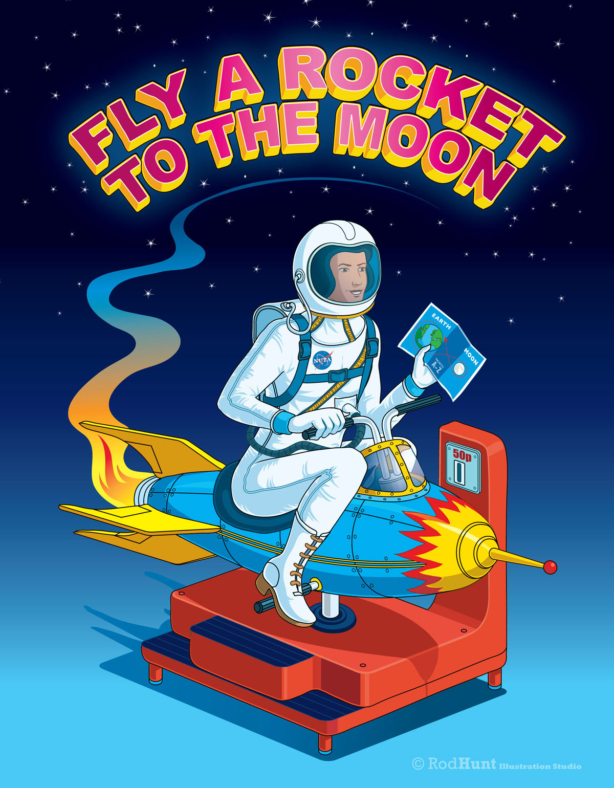 Fly a Rocket to the Moon Retro Poster Illustration, typographic lettering - NASA, Spacex, Blue Origin, Spaceship Starship, BFR, Big Falcon Rocket