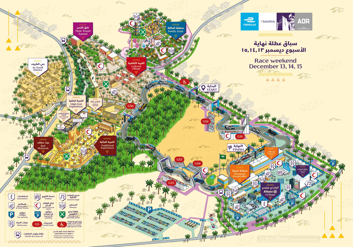 Motorsport Event Sporting Map Illustrations - Formula E 2018 Saudia Ad Diriyah E-Prix Circuit Guide Sporting Completion and Event Map Illustration