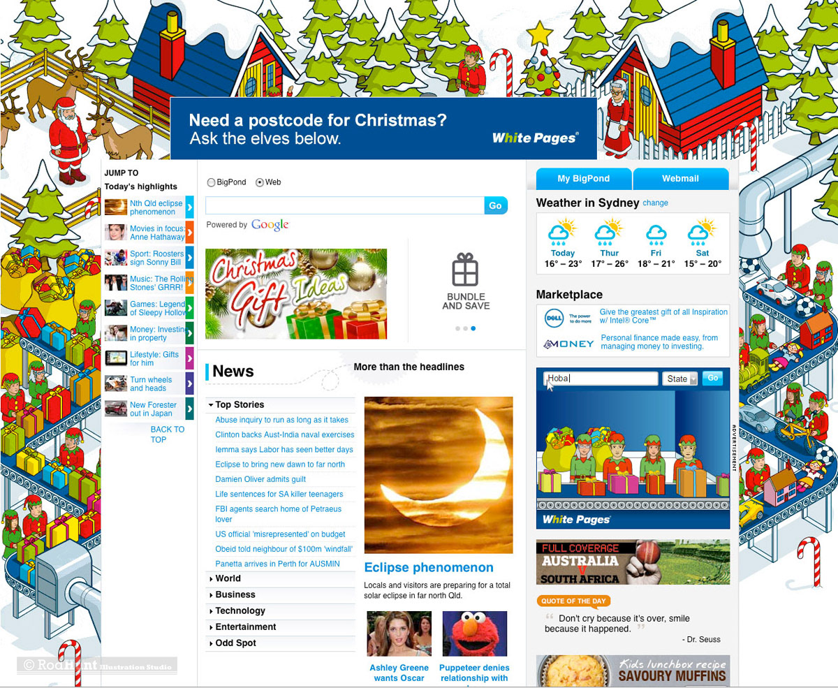 Christmas banner advertising campaign illustrations of Santa Claus, Mrs Claus and Elves