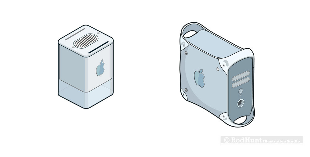 Illustrations of Apple Cube and G3 computers