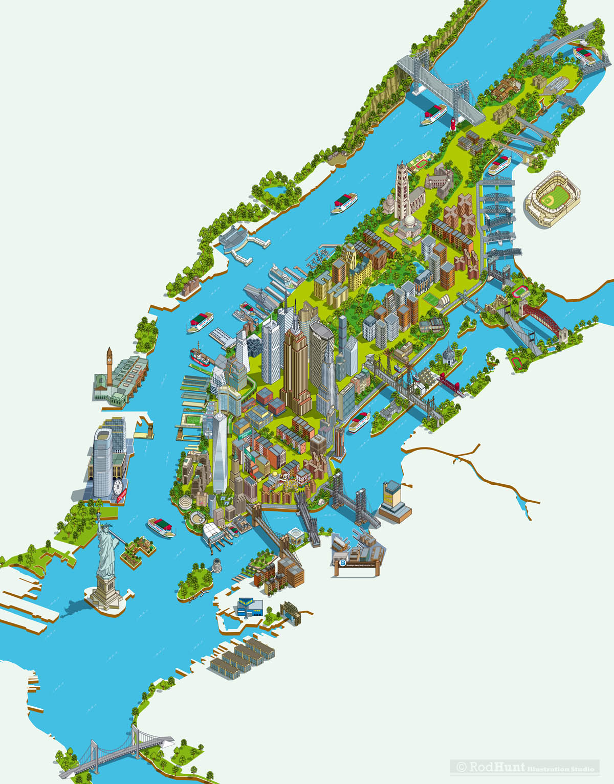 Isometric City pictorial map Illustrators - New York Sights, Attractions - Manhattan, Brookyn, Queens, Bronx, New Jersey, Staten Island Illustrated Tourist City Map by map illustration maker Rod Hunt