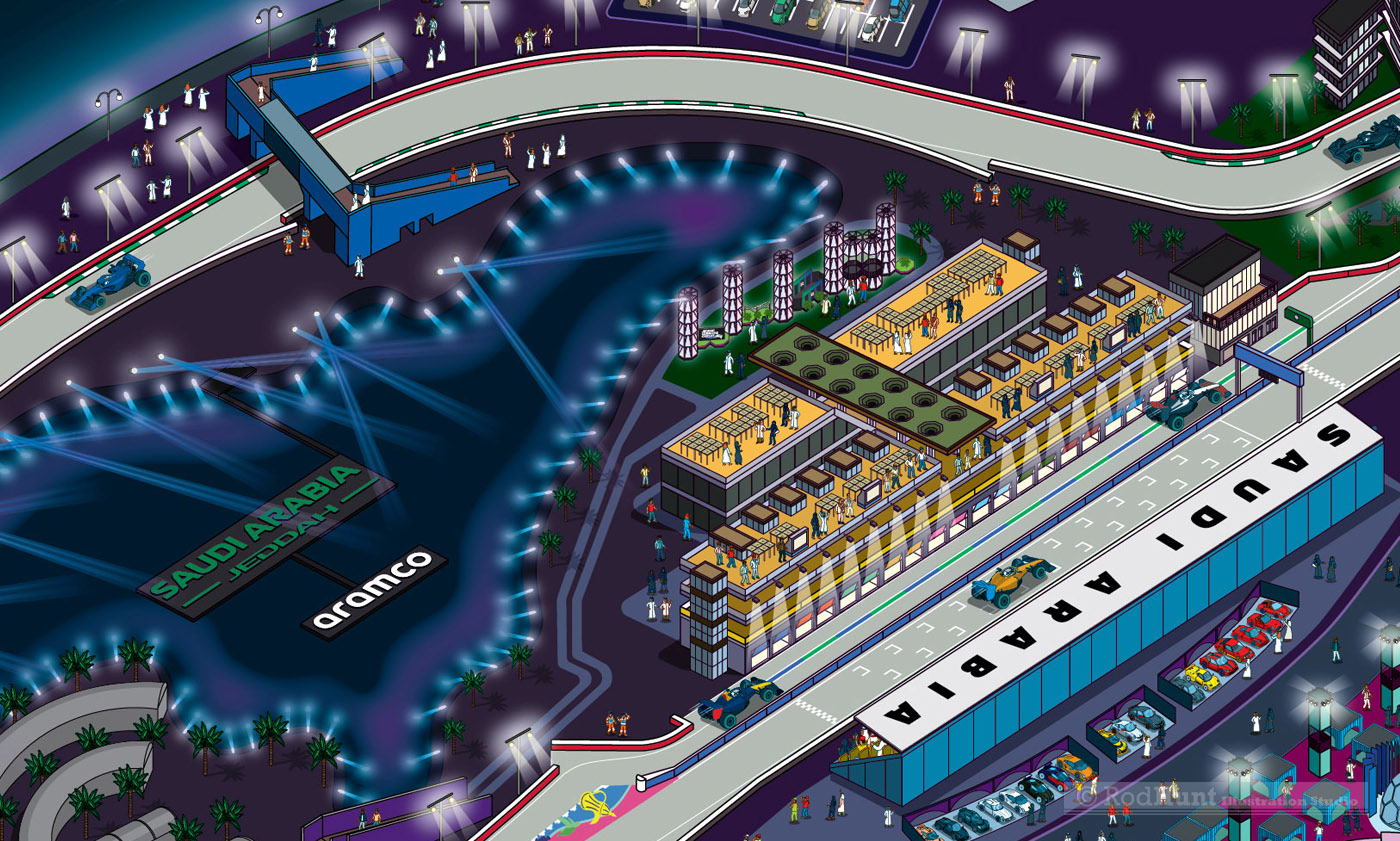 Jeddah Corniche Circuit Map - Paddock Club F1 Saudi Arabian Grand Prix 2023 Isometric Map Illustration