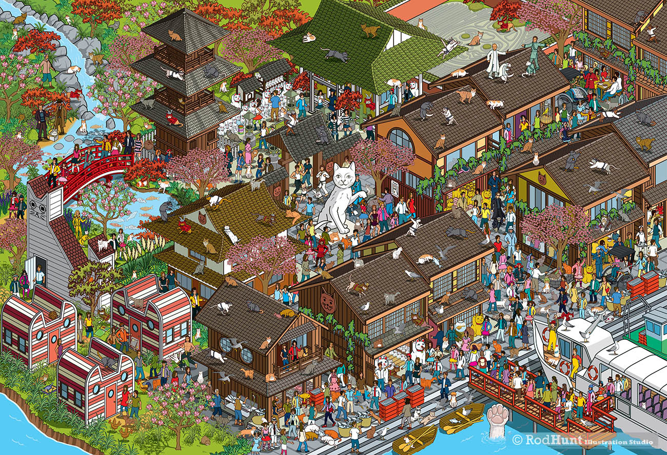 Where's Your Cat/Dog? Adventures in Meowtown: Personalised seeks and find Book - Japan Cat Island Illustration