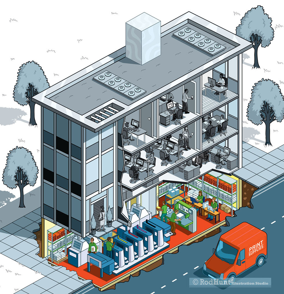 Cutaway building illustration of a company with its own in-house printing facilities. The isometric cross section showed the print facilities in their own dedicated space.
