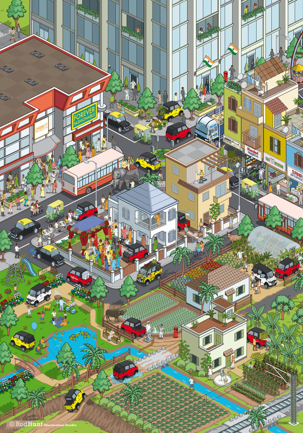 Automotive Advertising Campaign Illustrations - Detailed pixel art city- marketing & advertising for the launch of a new car