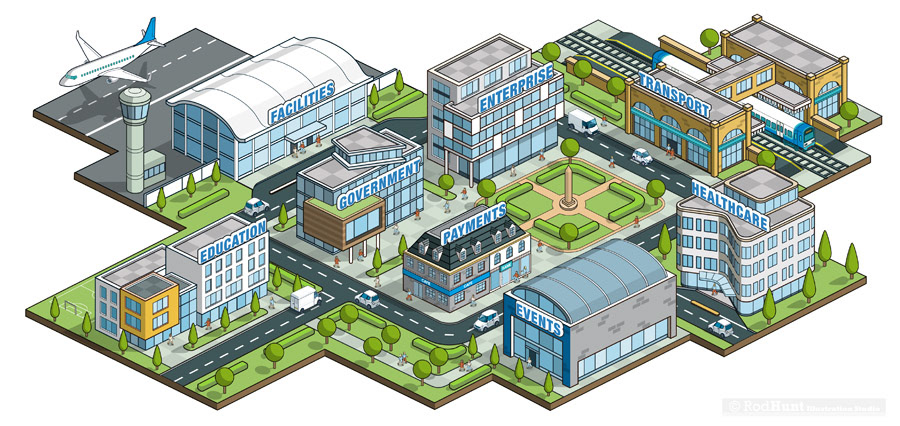 Isometric infographic business illustrations- technology company's corporate website
