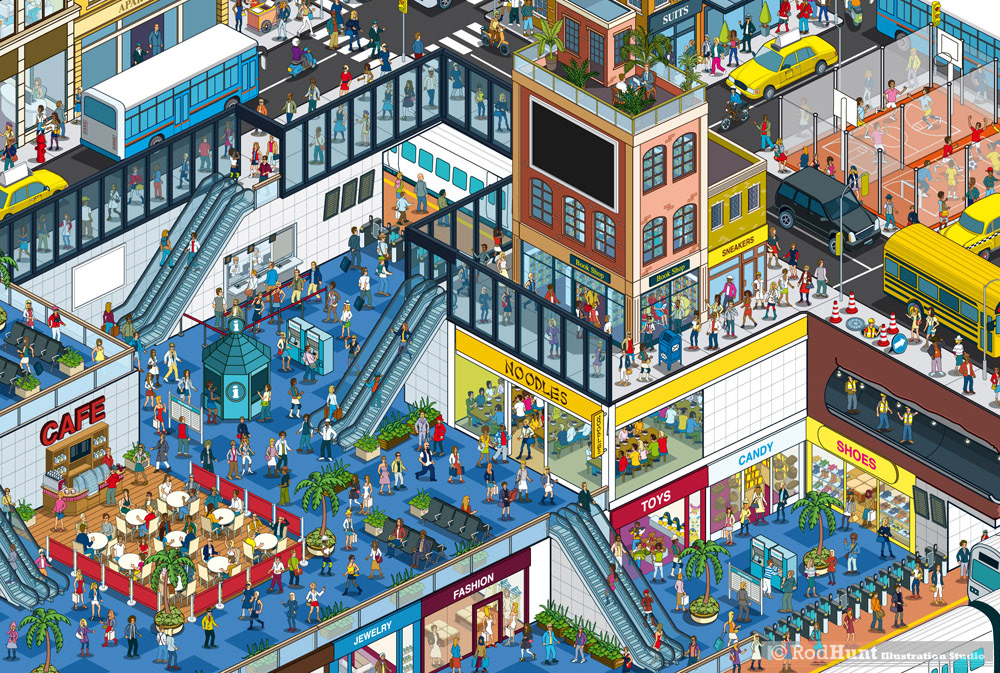 3D City illustration drawing in a Detailed isometric style for an ad campaign using axonometric perspective