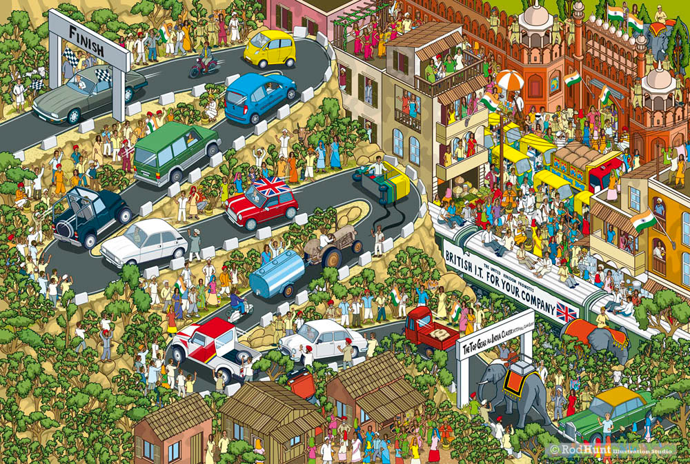 India Hillclimb Illustration - Top Gear India Episode Illustrated for Where's Stig? Book - search and find puzzle illustrations