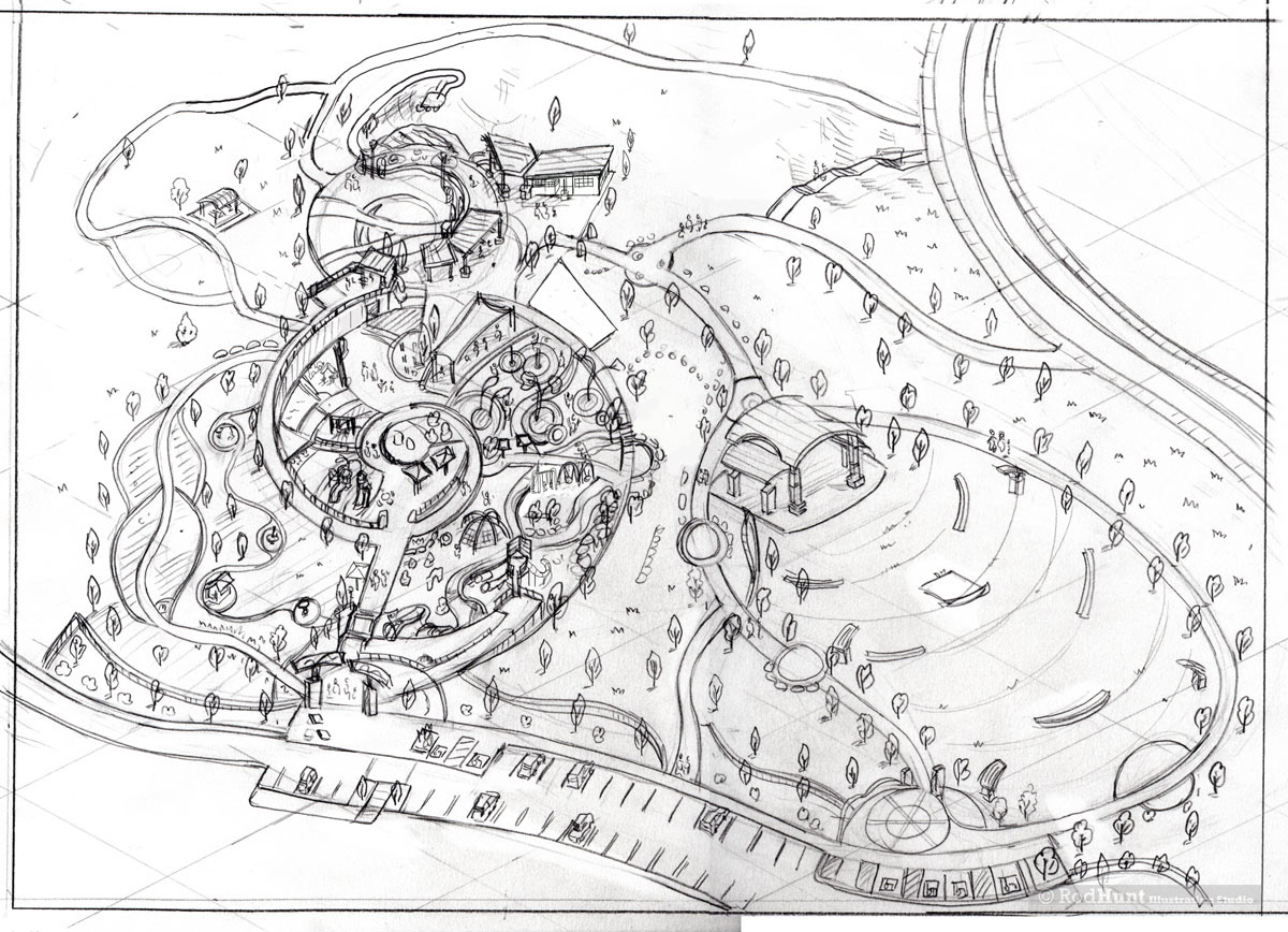 Original pencil sketch concept drawing to plan out the map