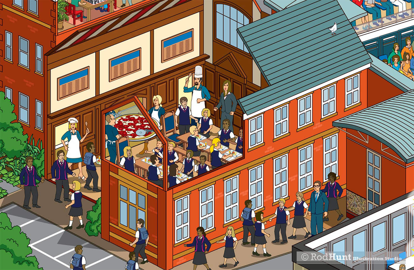 Cutaway Building illustration of Canteen - Cheltenham Prep School Map Illustration - Details of Facilities and classrooms with Where's Waldo style elements 