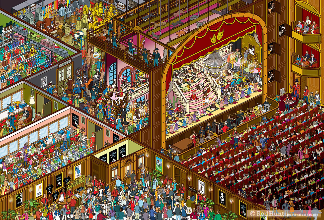 Yappy.com Where's Your Cat/Dog? Adventures in Meowtown: Personalised search and find Book - Phantom of the Opera theatre illustration