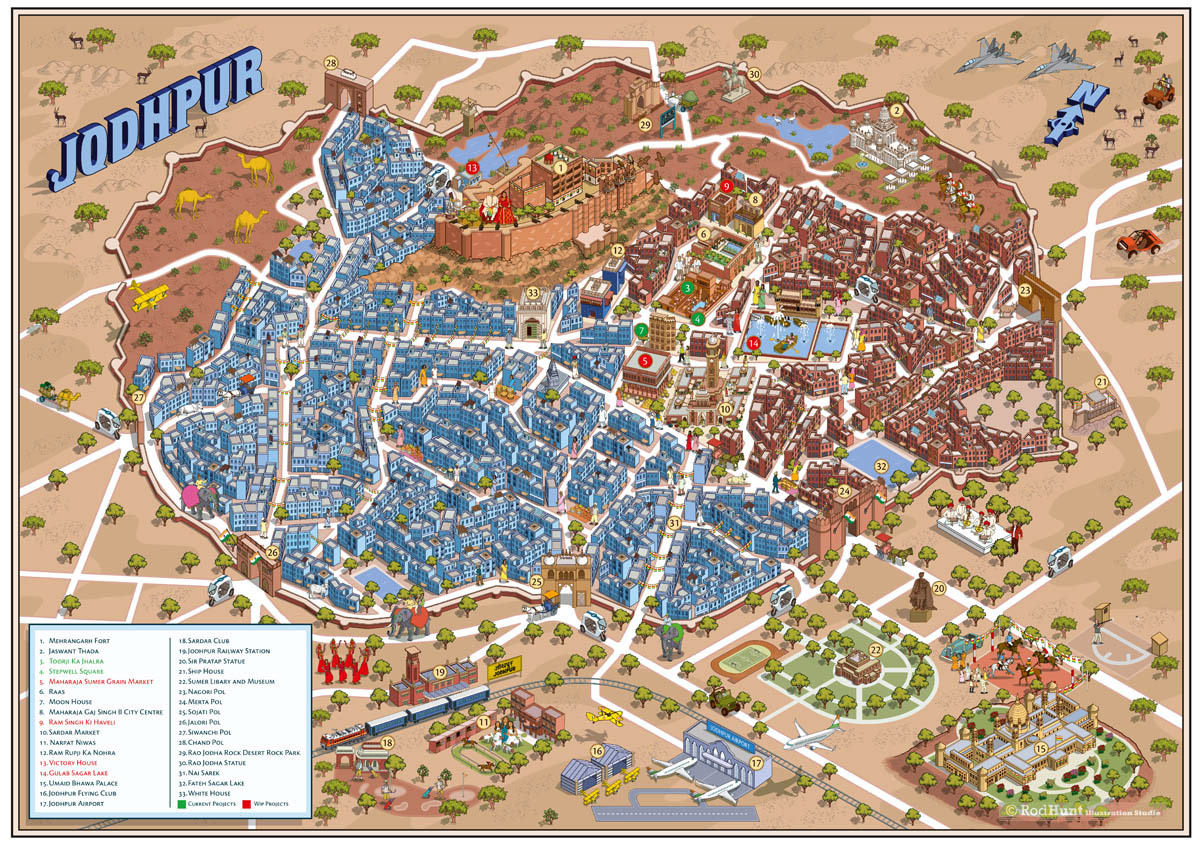 Detailed Heritage City Map Illustration - detailed and expansive illustrated city map of the historic city of Jodhpur by pictorial map maker illustrator Rod Hunt