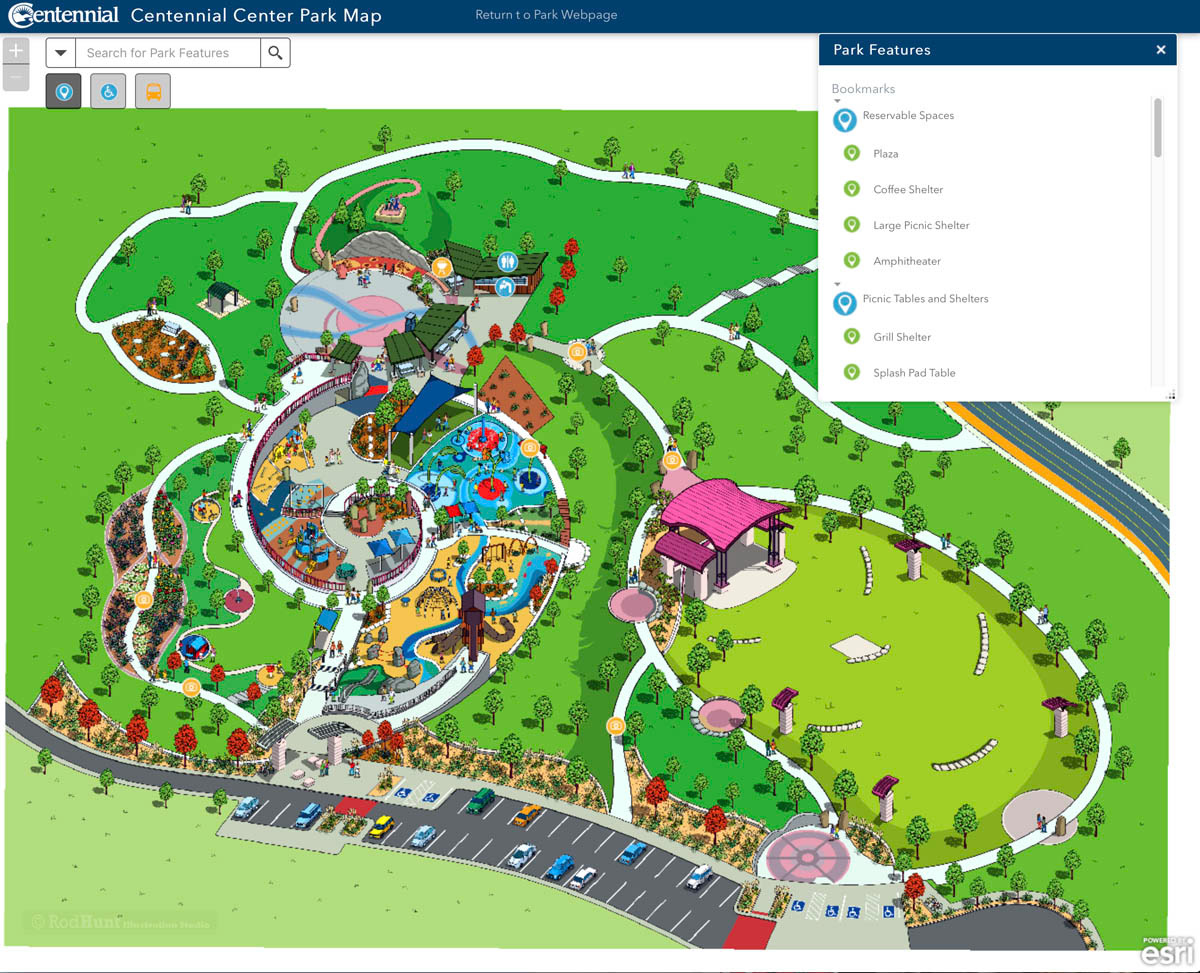 Interactive illustrated visitors guide map for way finding around the Centennial City Park