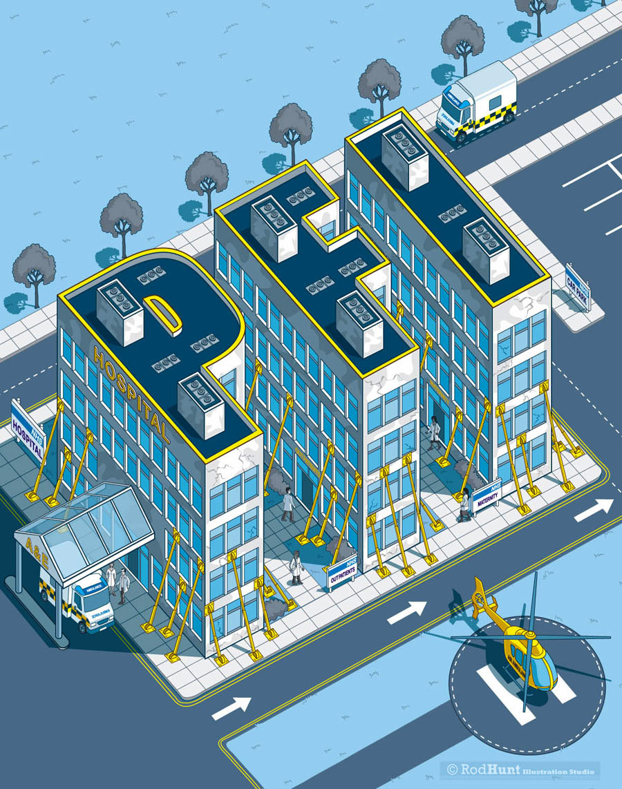 PFI Isometric Typographic Building Illustration Magazine Cover - Finance, Economics, NHS Hospitals