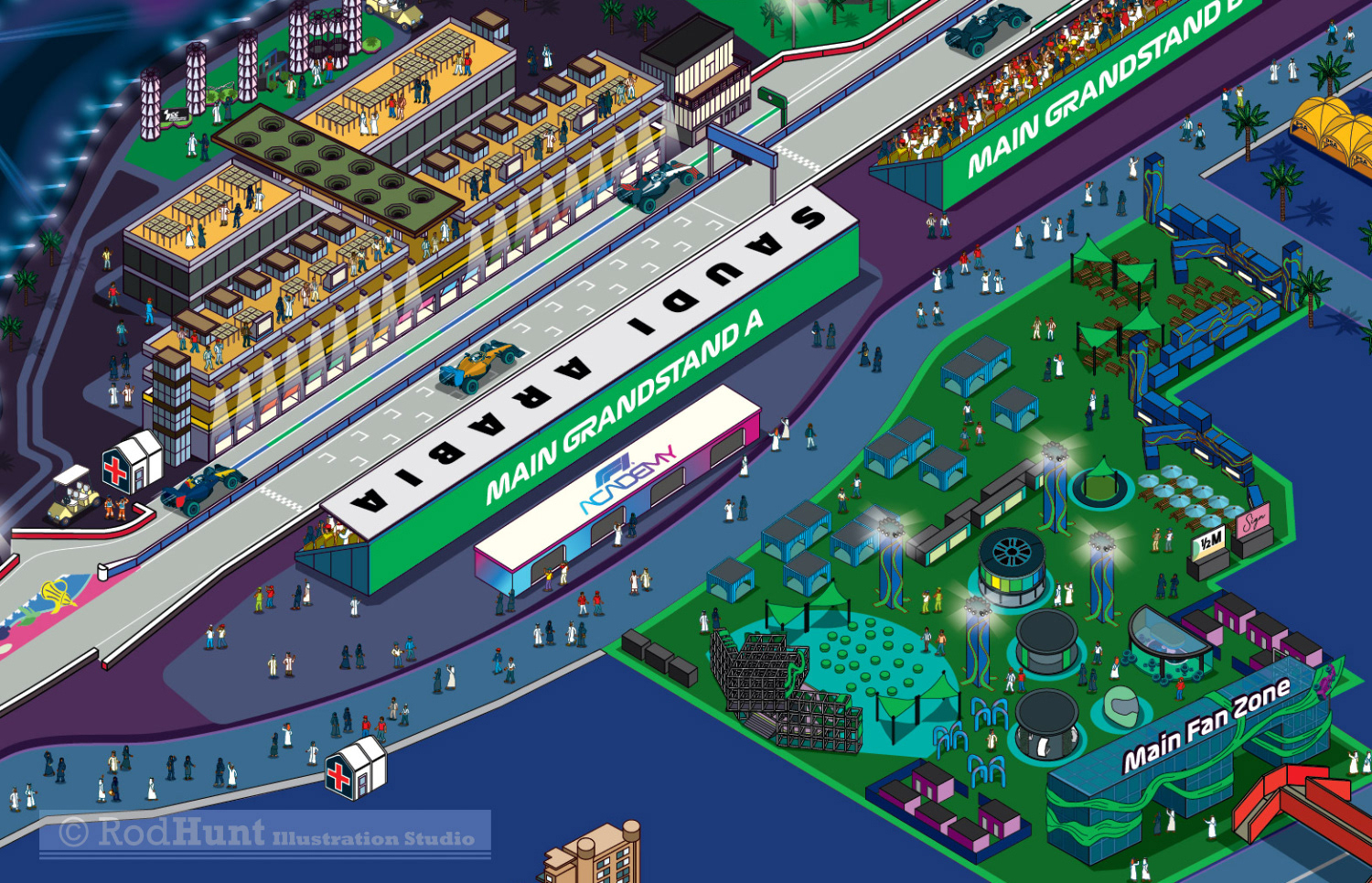 Jeddah Corniche Circuit Map - Paddock Club F1 Saudi Arabian Grand Prix 2024 Isometric Map Illustration