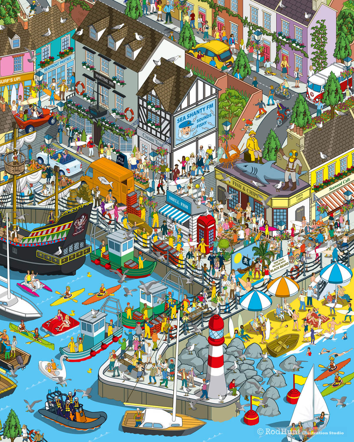 Detailed Harbour Town illustration, tourist visitors map - Wimmelpicture,  wimmelbilderbuch, wimmelbook, wimmelbild