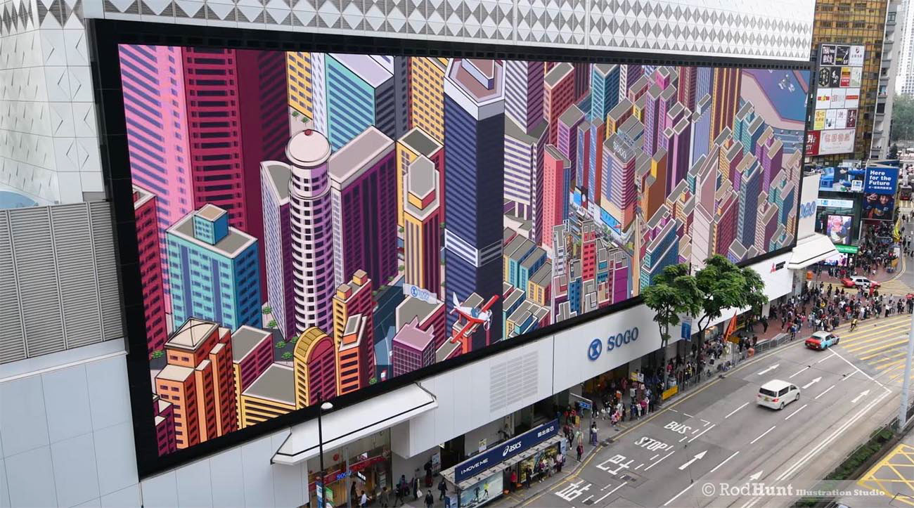 Hong Kong isometric Cityscape Animation & illustration - advertising campaign LED video billboard installation