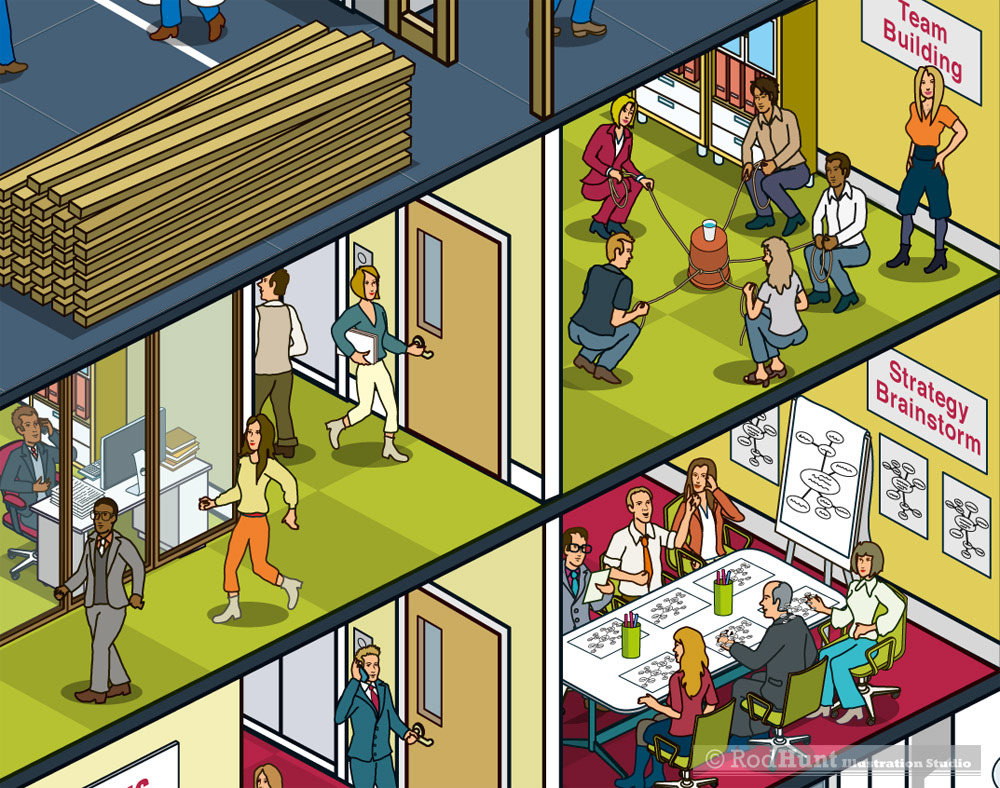 Offices illustrated in isometric perspective