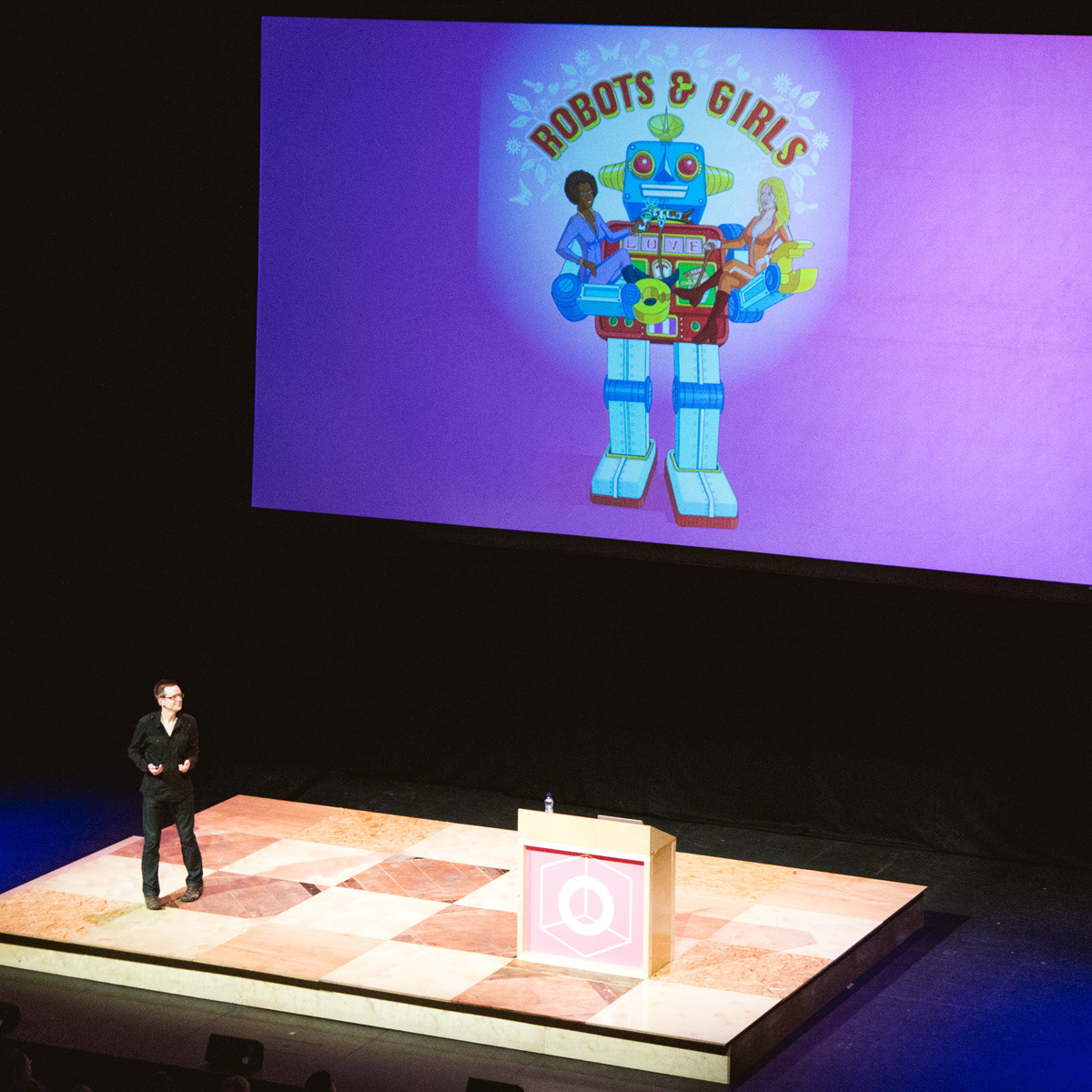 Illustrator Rod Hunt speaks on the main stage at Offset Design Festival in Dublin, Ireland