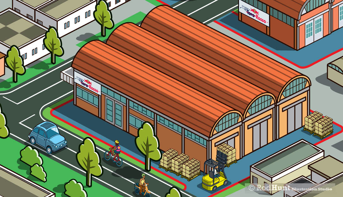 Birds=eye-view 3D map illustrations of a Formula 1 team's factory