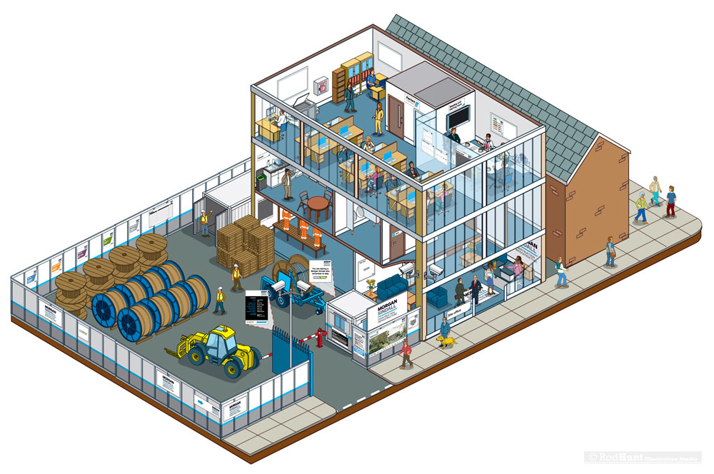 Isometric 3D cutaway infographic illustration of an office building and construction site