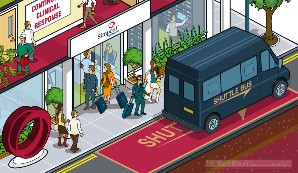 Graphic isometric  illustrations by Rod Hunt for a pharma business