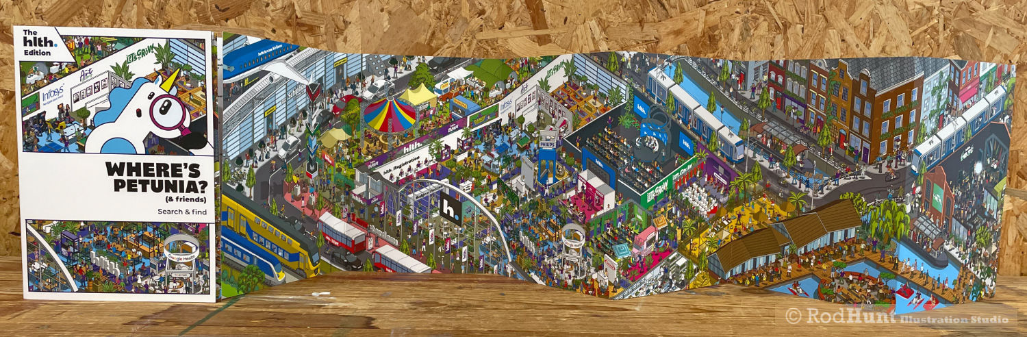 Where's Waldo / Wally style Search and find concertina book illustration of the city of Amsterdam and venue RAI featuring over 400 portraits of speakers at a HLTH Europe a healthcare conference - the book was personalised for each speaker so they could search for them selves