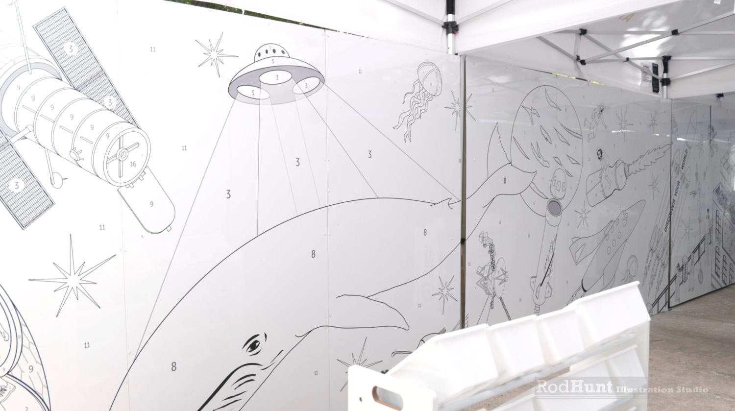 Large printed wall mural using black and white line art illustration for the World's Largest Colour by numbers