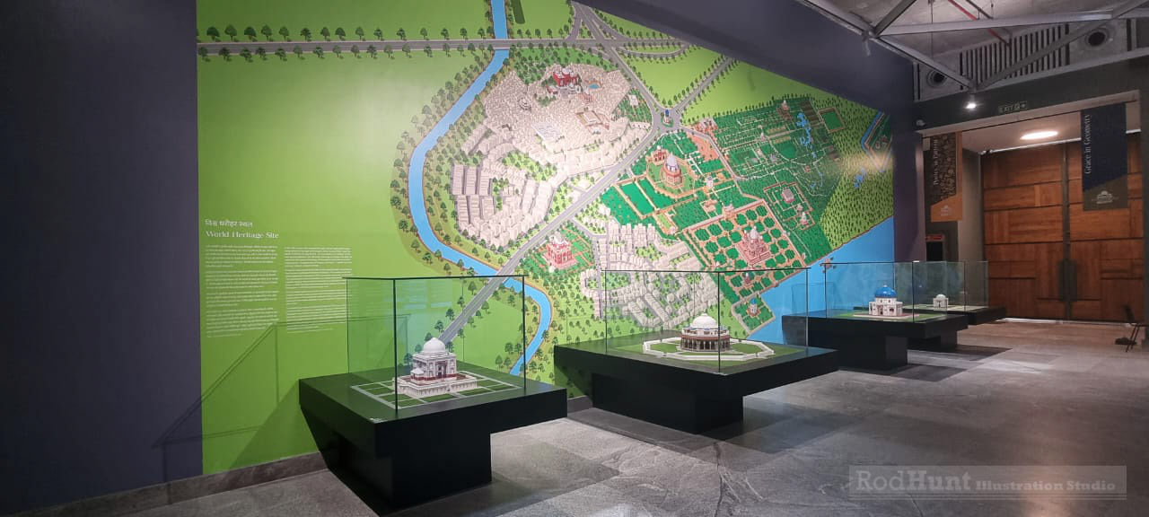 Museum gallery design - Detailed illustrated isometric map installed as a site-specific museum mural in the Humayun's Tomb World Heritage Site Museum  in New Delhi, isometric map illustration by Rod Hunt