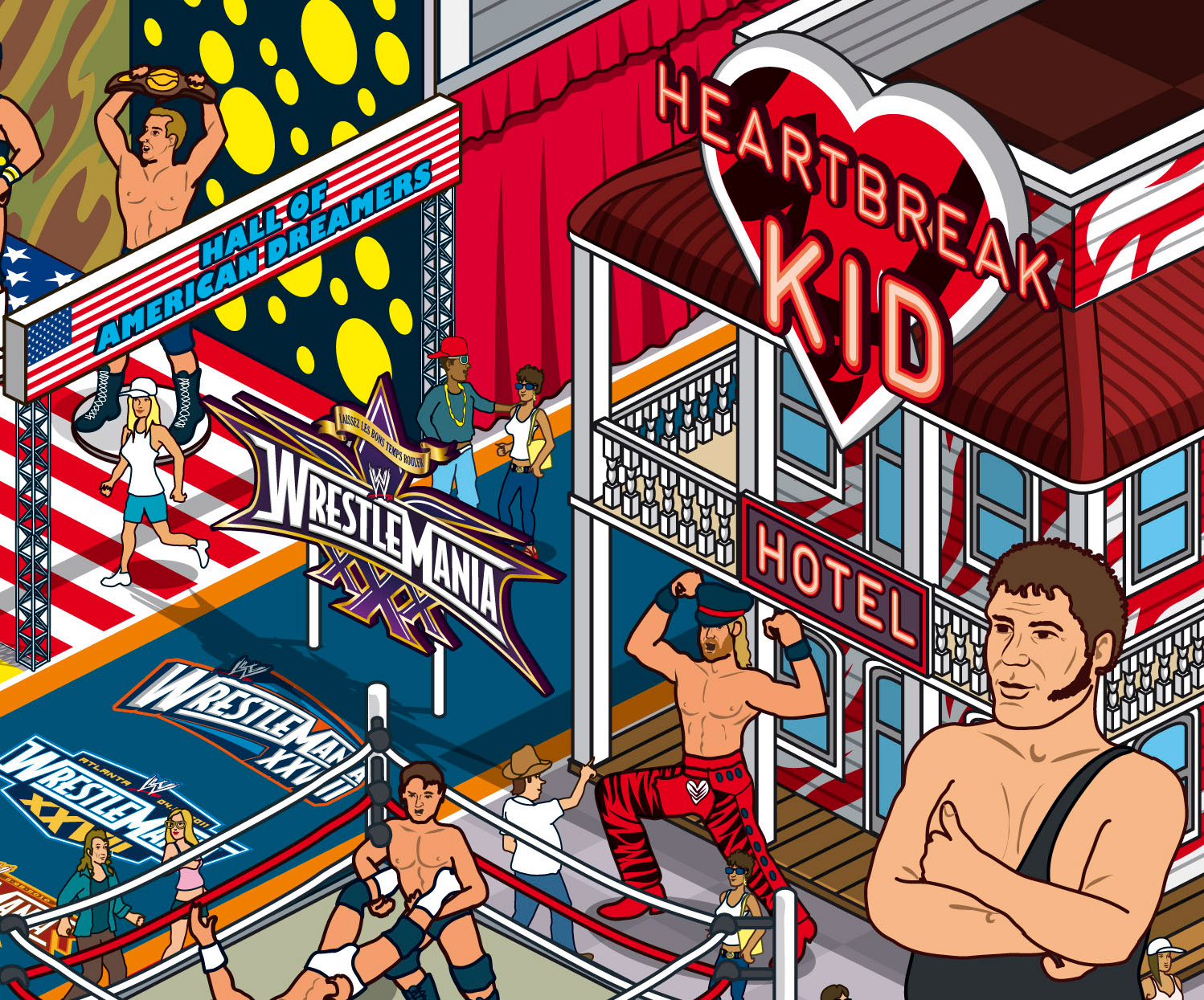 Cutaway Building Isometric illustration for WWE Magazine for sports museum 