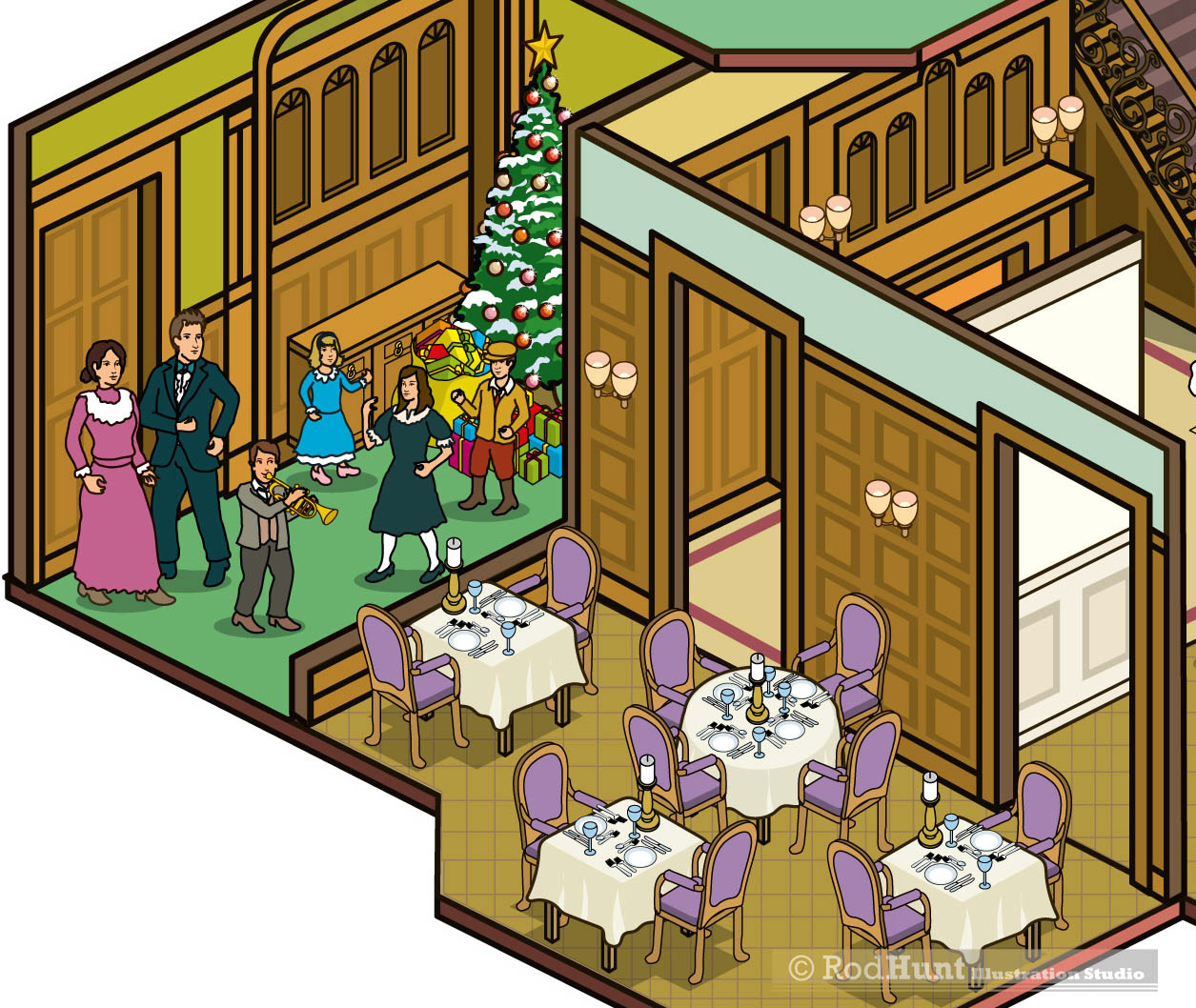 Exploded view building illustration for Christmas Event illustrated map for a performance of the Nutcracker by map maker Rod Hunt