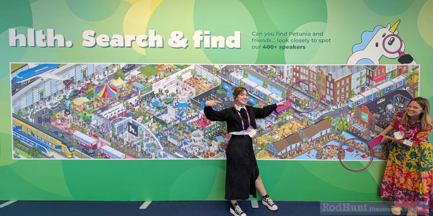 Large Illustrated Printed Mural installation for photo op walls at HLTH Europe conference in Amsterdam. Find all the speakers in the Where's Waldo / Wally style illustration