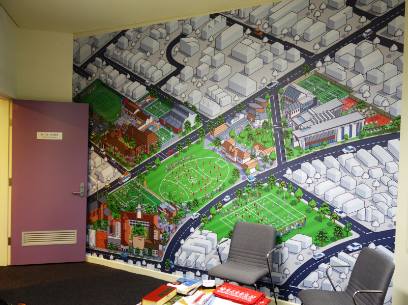 Illustrated map used as a large isometric mural in a school